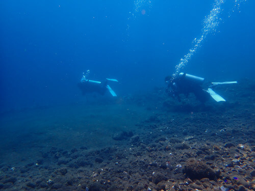 ガレガレのサンゴ礁の上を泳ぐ2名のダイバー