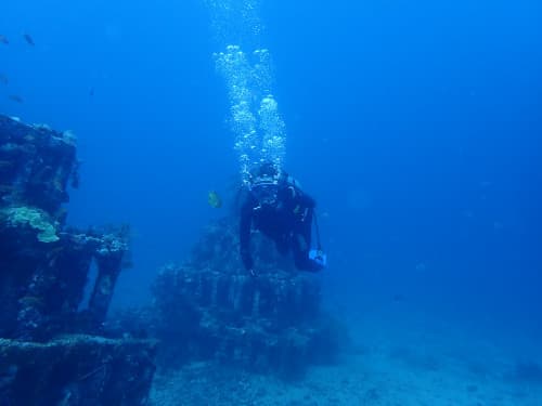 バリ島ダイビングポイントのアメッドのピラミッド漁礁を泳ぐダイバー