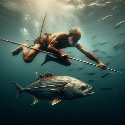 銛で魚を突く昔の猟師のイメージイラスト