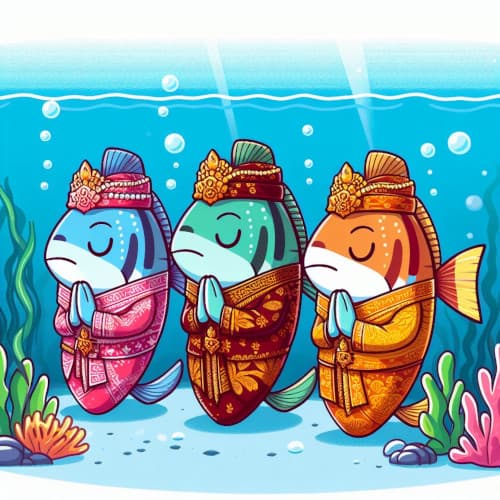 海中で厳かに手を合わせるバリ民族衣装を着た3匹のお魚のイラスト