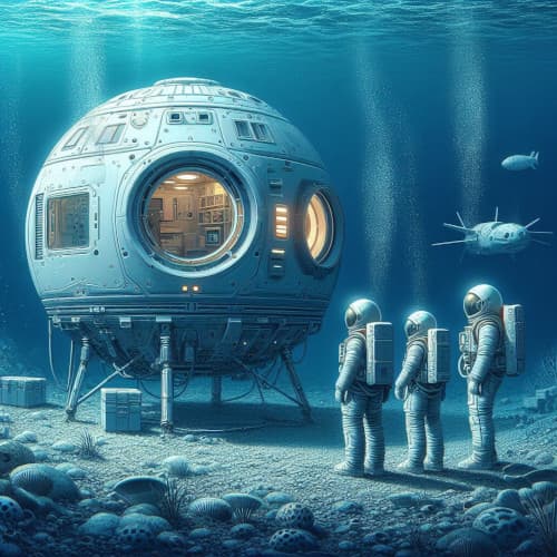 月面に疑似化された大型プールの住居モジュールの前に立つ宇宙飛行士訓練中の3名