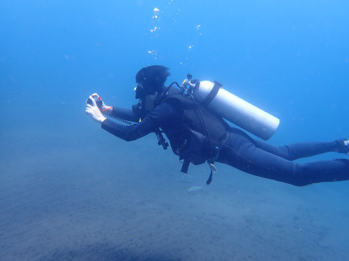 中性浮力を取りながら水中撮影する男性ダイバー