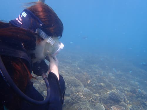 バリ島パダンバイの海景を楽しむ女性ダイバーの横顔