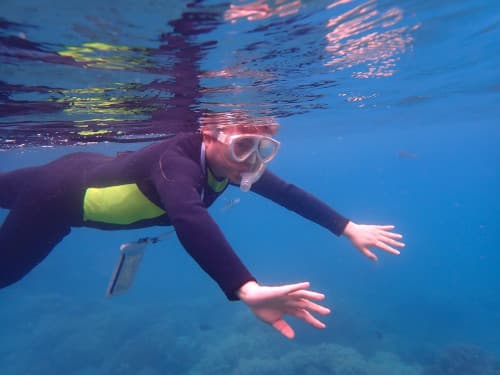 サンゴ礁の海で水面に浮かぶウェットスーツを着たシュノーケラー