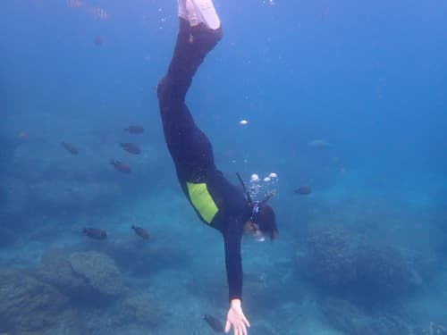 サンゴ礁とお魚がいる海に潜っているウェットスーツを着たシュノーケラー