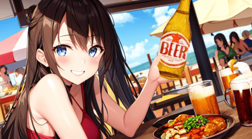 ビーチでビンタンビールを持っている女の子のイラスト