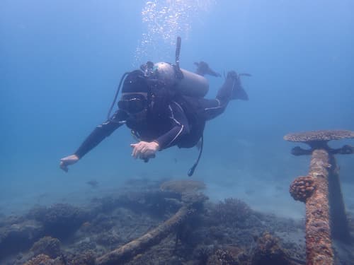 サンゴ礁の上で中性浮力を取りながらフラフラと泳ぐダイバー