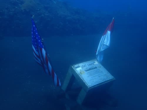 水中に建てられたインドネシア国旗ととアメリカの国旗と米国貨物船でトランベンに沈んでいる沈船リバティー号の記念碑