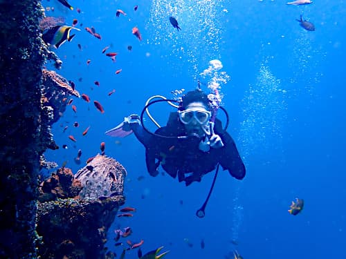 沢山のお魚が群れている沈船ポイントに潜りピースサインで記念撮影している女性ダイバーの海景