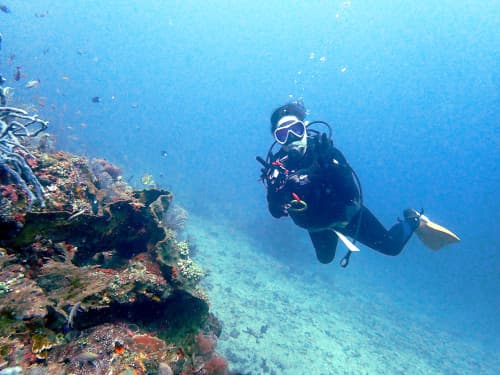 バリ島のサンゴ礁とピースサインをする女性ダイバーの海景