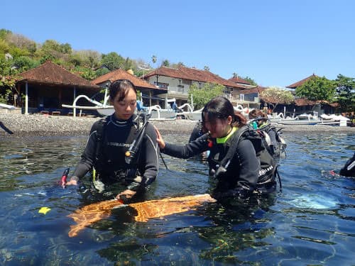 バリ島アメッドの水面でバディの方を借りながらフィンを履く女子大生ダイバー達
