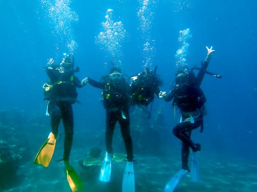 バリ島の海の中で手を挙げて記念撮影している楽しそうな女子大生ダイバー達