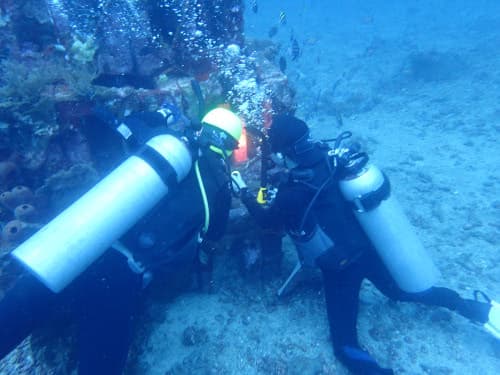 バリ島アメッドのピラミッドポイントで漁礁の中のお魚撮影を安心して楽しむダイバーご夫妻