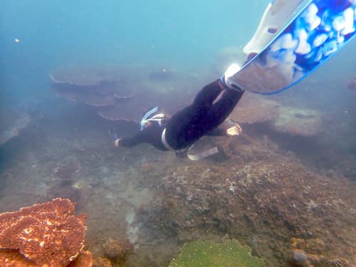 バリ島サヌールの海で安心してシュノーケリングを楽しむ女性ゲスト様