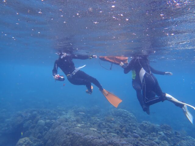 バリ島くらげ村のシュノーケリングでフロートに捕まって安全に安心して海時間を楽しむ女性のお客さん達