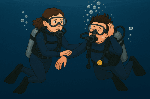 窒素酔いをおこしたバディを支えてゆっくり浅場へ浮上しているダイバー