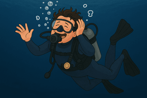 窒素酔いをおこして酔っ払ったようにへべれけになってるダイバー