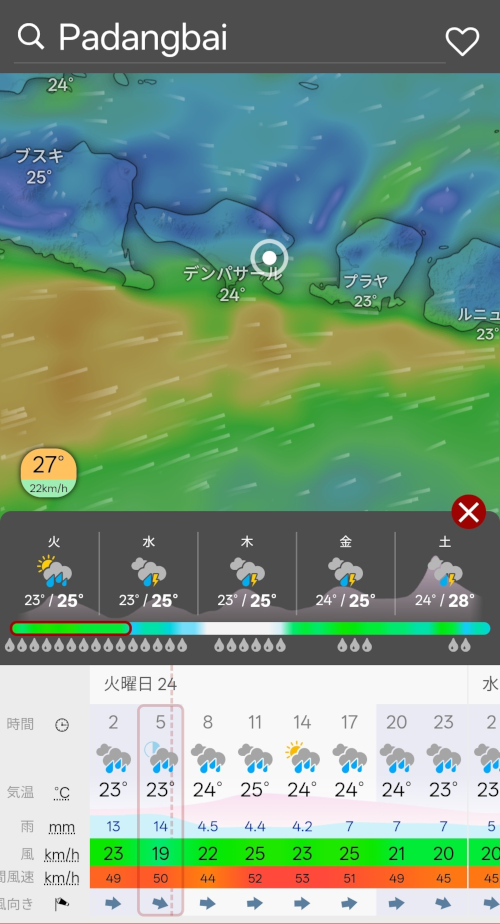 お天気アプリのバリ島周辺の雨風の詳細画面