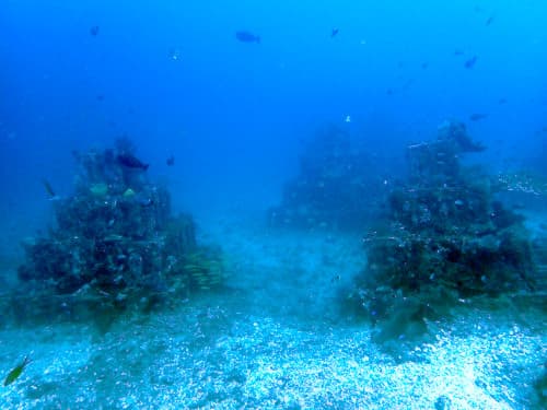 バリ島アメッドのダイビングポイント“ピラミッド”のいくつかのピラミッド漁礁の海景
