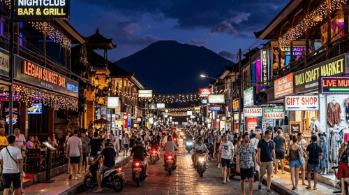 夜のバリ島、クタのレギャン通りの喧騒のイメージ画像