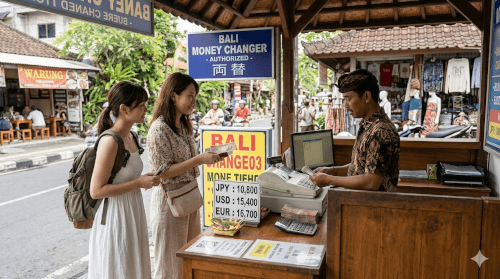 バリ島の両替所で両替する2名の日本人女性観光客のイメージ画像