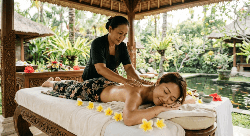 バリ島のトラディショナルマッサージを受ける観光客のイメージ画像