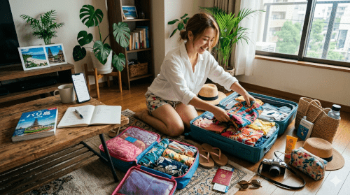 スーツケースに荷物を詰めてバリ島旅行の準備をしている女性のイメージ画像