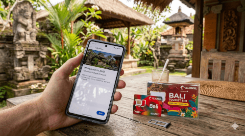 バリ島で使える海外旅行者用のSIMカードとスマホのイメージ画像