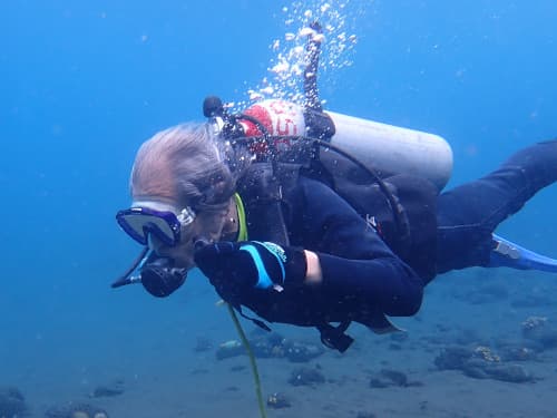 バリ島くらげ村のガイドで安心しながらダイビングに挑戦しているブランクありのシニアダイバー