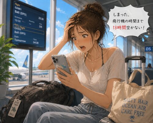 飛行機の出発まで18時間空いていることに気づき空港で焦っている女性