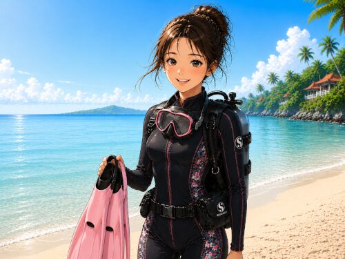 バリ島の穏やかなビーチでダイビング器材を背負い笑顔を見せる女性ダイバー