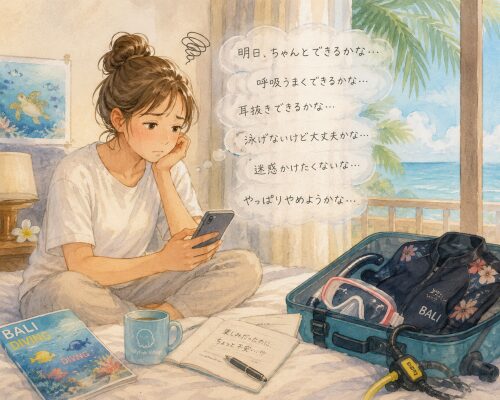 ダイビング前日に不安になりスマホを見ながら悩む初心者女性
