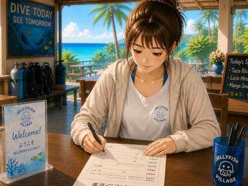 ダイビングポイントで申込用紙を記入する女性