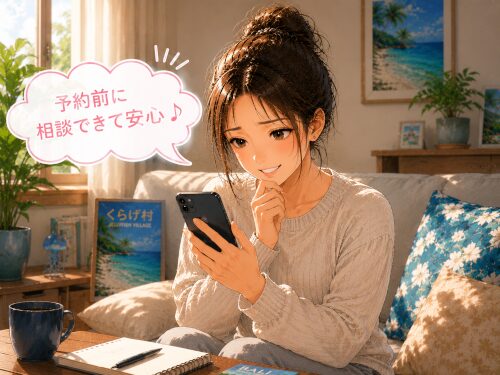 自宅でスマホを見つめながら予約前に相談できて安心した表情の女性
