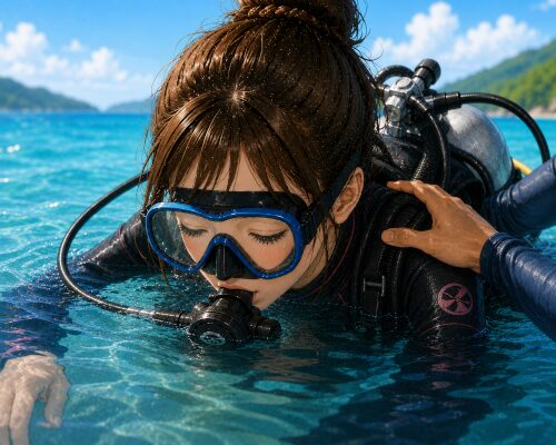 水面でレギュレーター呼吸の練習をする女性ダイバー