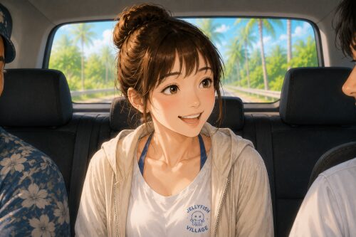 送迎車の後部座席で日本人スタッフと会話する女性ダイバー