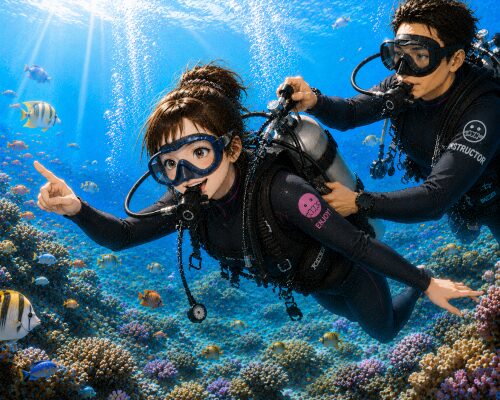 サンゴ礁と魚の群れを見ながら体験ダイビングを楽しむ女性
