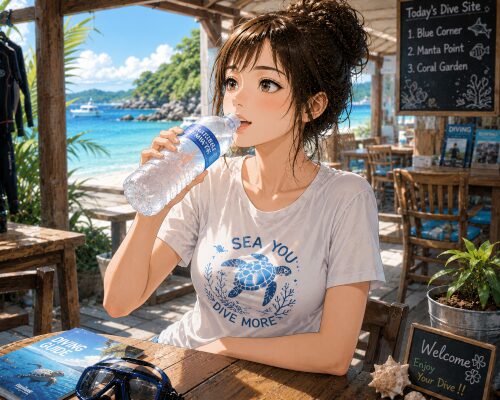 ダイビング後にレストランで水を飲み休憩する女性ダイバー