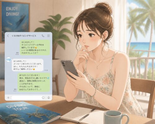耳抜きが苦手なことを事前にスマホでダイビングショップへ相談している女性