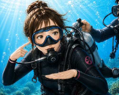 耳抜きができずインストラクターにサインを出す女性ダイバー