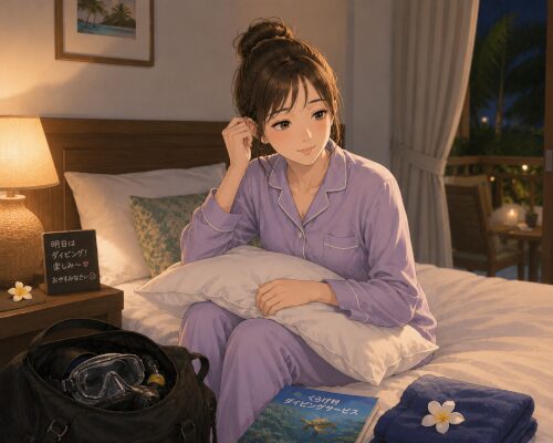 翌日のダイビングに備えてホテルのベッドで早めに休もうとしている女性