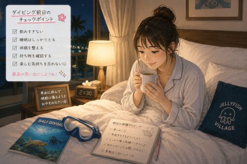 ダイビング前日にホテルで早めに休む女性ダイバー