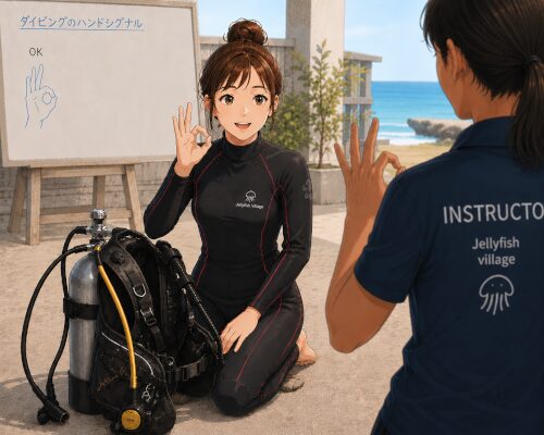 体験ダイビング前にハンドシグナルの説明を受ける初心者女性ダイバー