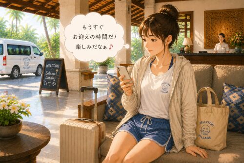 ホテルロビーでダイビング送迎を待つ女性