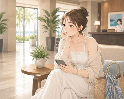 バリ島のホテルロビーでダイビングサービスのお迎えを待つ女性
