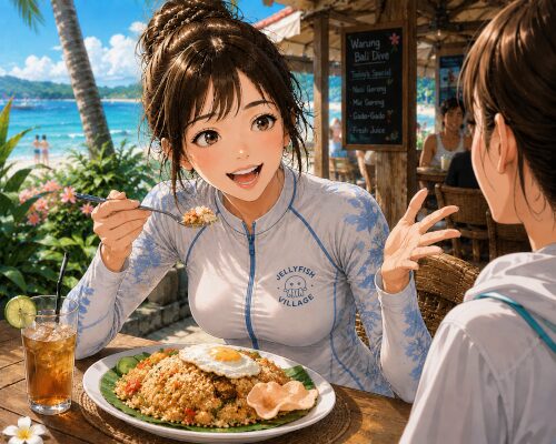 ダイビング後にナシゴレンを食べながら楽しそうに話す女性