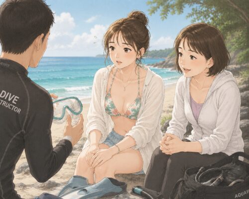 海辺でダイビングインストラクターからマスクの説明を受ける初心者女性と一人参加の女性