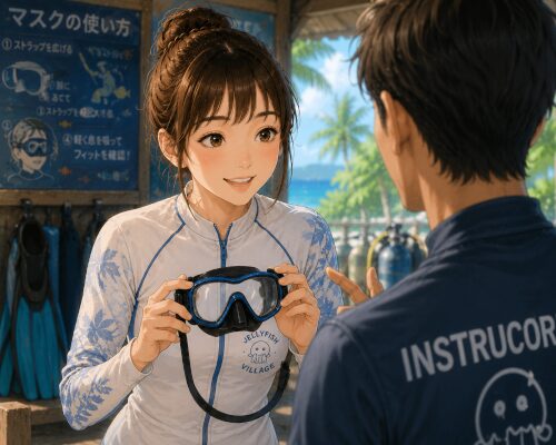 インストラクターからマスクの使い方説明を受ける女性ダイバー