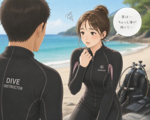 耳抜きが苦手なことを事前にスマホでダイビングショップへ相談している女性