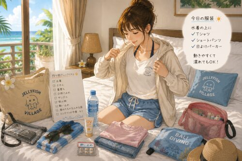 水着の上にTシャツと短パンを着てダイビング準備をする女性